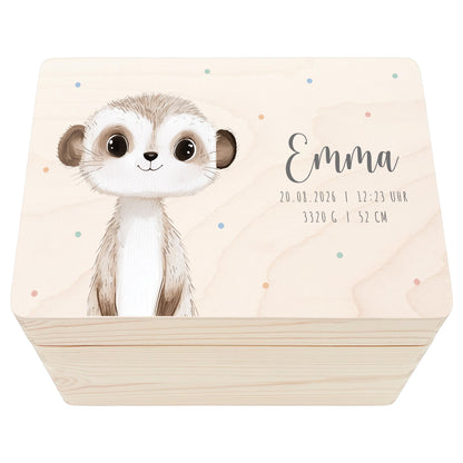 Erinnerungskiste Baby Erdmännchen Holzkiste personalisierte Erinnerungsbox Geschenk Geburt Geburtsgeschenk 30x20x13 cm
