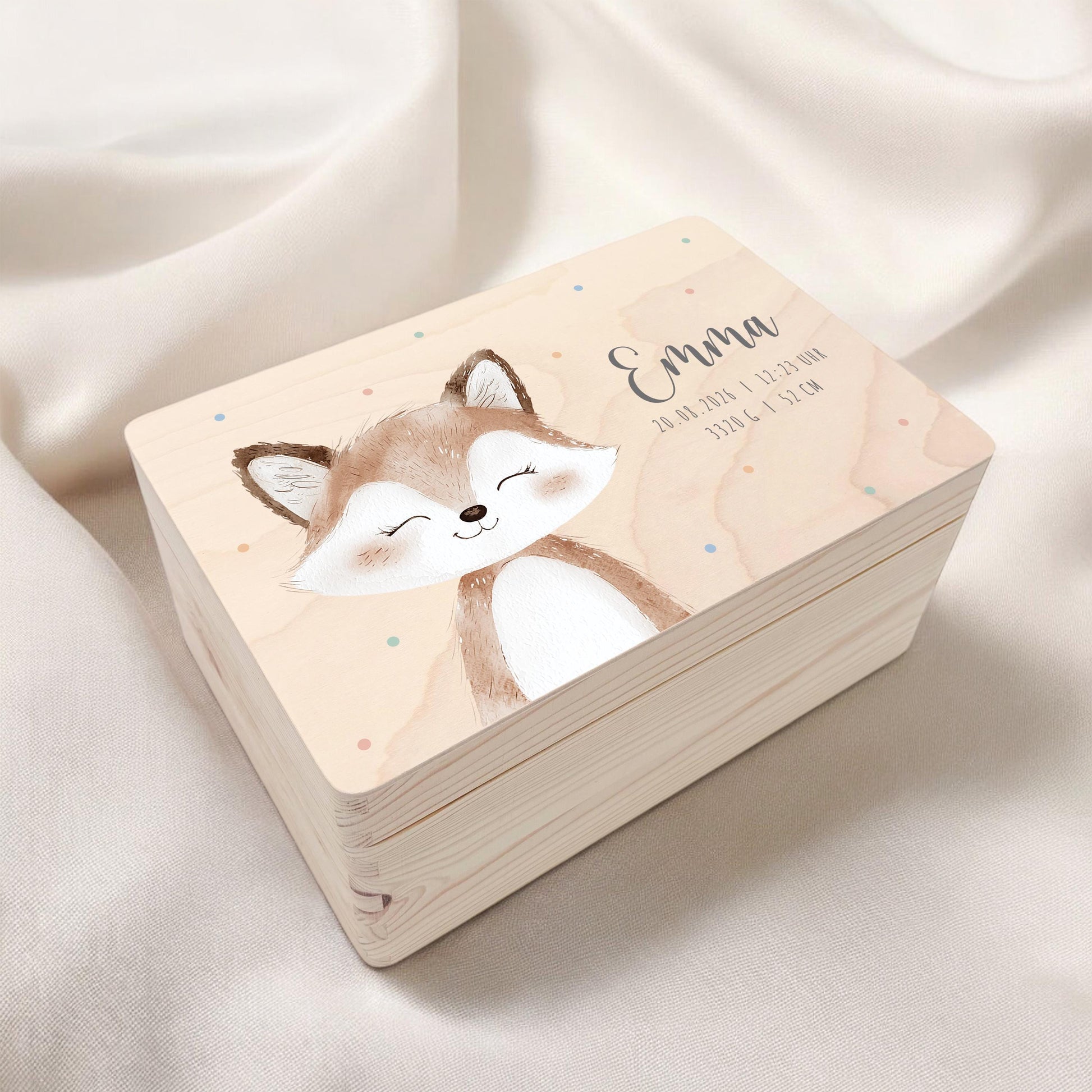Erinnerungskiste Baby Fuchs Holzkiste personalisierte Erinnerungsbox Geschenk Geburt Geburtsgeschenk 30x20x13 cm