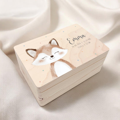 Erinnerungskiste Baby Fuchs Holzkiste personalisierte Erinnerungsbox Geschenk Geburt Geburtsgeschenk 30x20x13 cm
