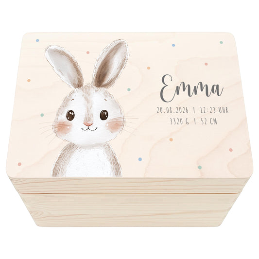Erinnerungskiste Baby Hase Holzkiste personalisierte Erinnerungsbox Mädchen Junge Geschenk Geburt Geburtsgeschenk 30x20x13 cm