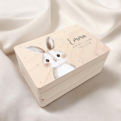 Erinnerungskiste Baby Hase Holzkiste personalisierte Erinnerungsbox Mädchen Junge Geschenk Geburt Geburtsgeschenk 30x20x13 cm