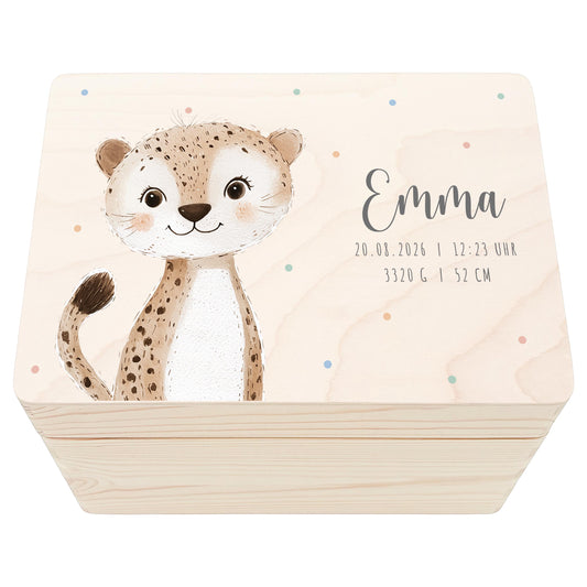 Erinnerungskiste Baby Leopard Holzkiste personalisierte Erinnerungsbox Mädchen Junge Geschenk Geburt Geburtsgeschenk 30x20x13 cm
