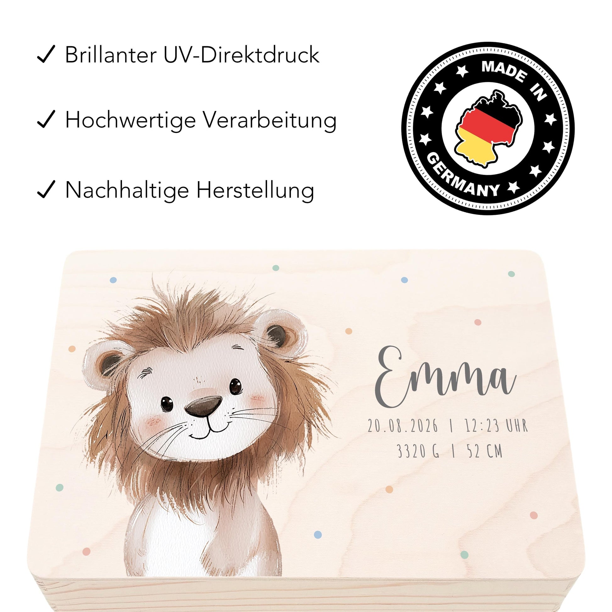 Erinnerungskiste Baby Löwe Holzkiste personalisierte Erinnerungsbox Mädchen Junge Geschenk Geburt Geburtsgeschenk 30x20x13 cm