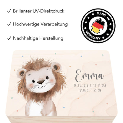 Erinnerungskiste Baby Löwe Holzkiste personalisierte Erinnerungsbox Mädchen Junge Geschenk Geburt Geburtsgeschenk 30x20x13 cm