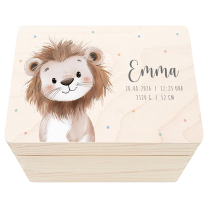 Erinnerungskiste Baby Löwe Holzkiste personalisierte Erinnerungsbox Mädchen Junge Geschenk Geburt Geburtsgeschenk 30x20x13 cm