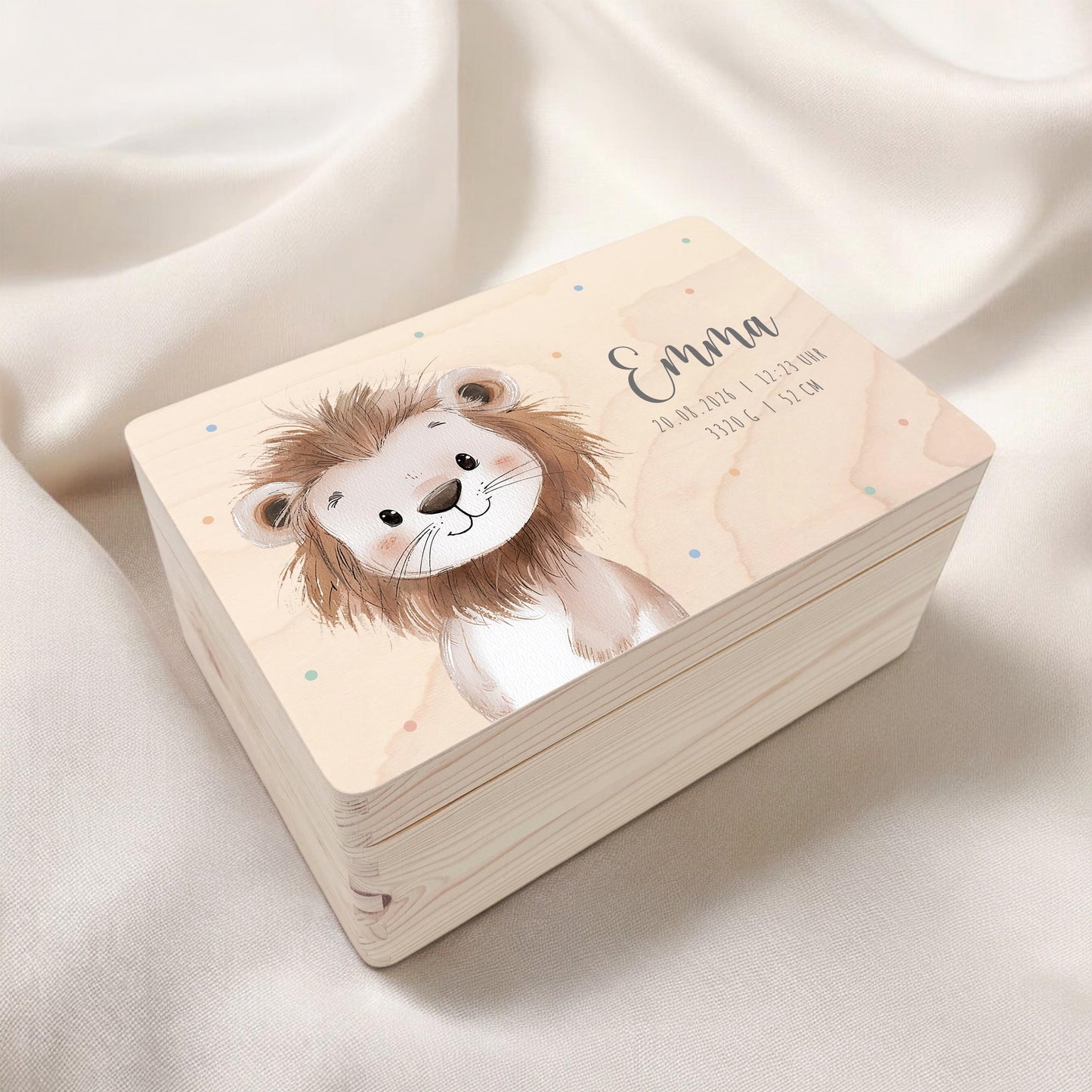Erinnerungskiste Baby Löwe Holzkiste personalisierte Erinnerungsbox Mädchen Junge Geschenk Geburt Geburtsgeschenk 30x20x13 cm