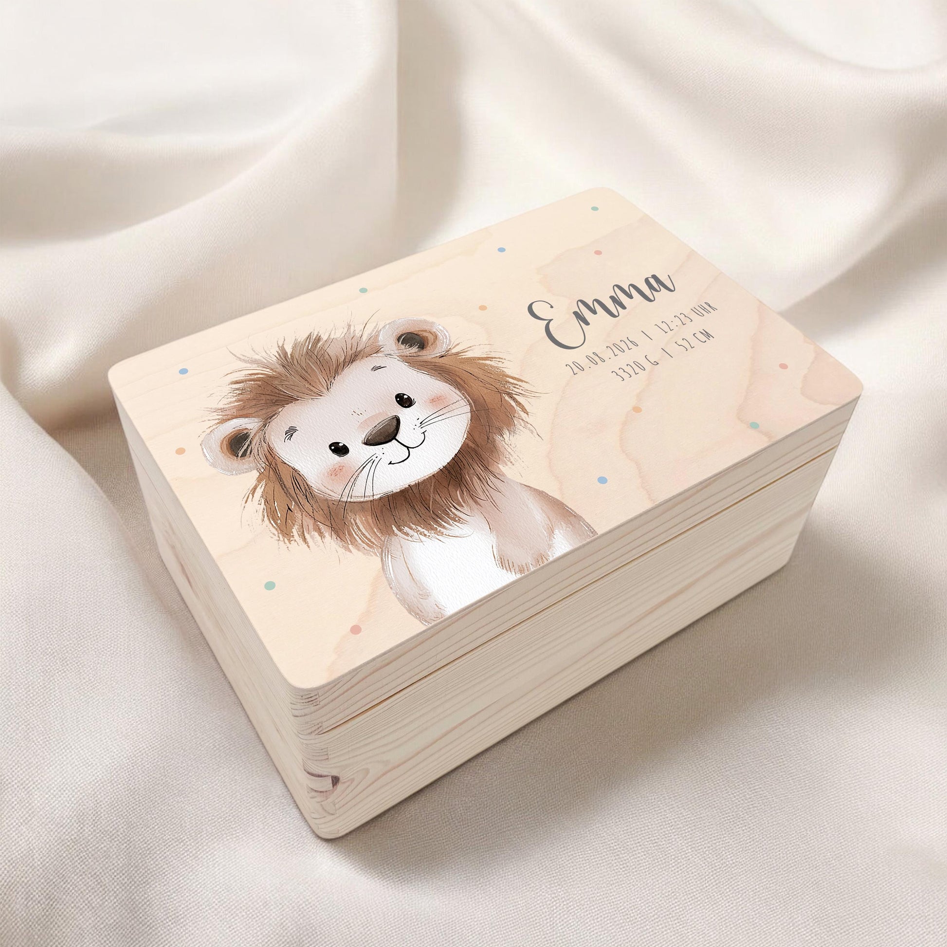 Erinnerungskiste Baby Löwe Holzkiste personalisierte Erinnerungsbox Mädchen Junge Geschenk Geburt Geburtsgeschenk 30x20x13 cm