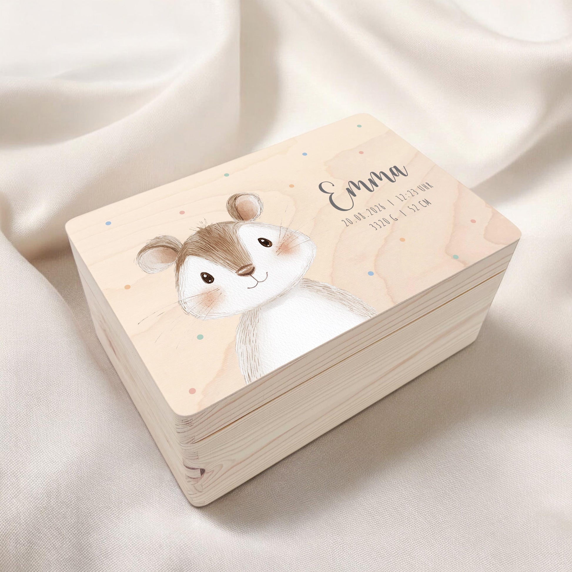 Erinnerungskiste Baby Maus Holzkiste personalisierte Erinnerungsbox Mädchen Junge Geschenk Geburt Geburtsgeschenk 30x20x13 cm