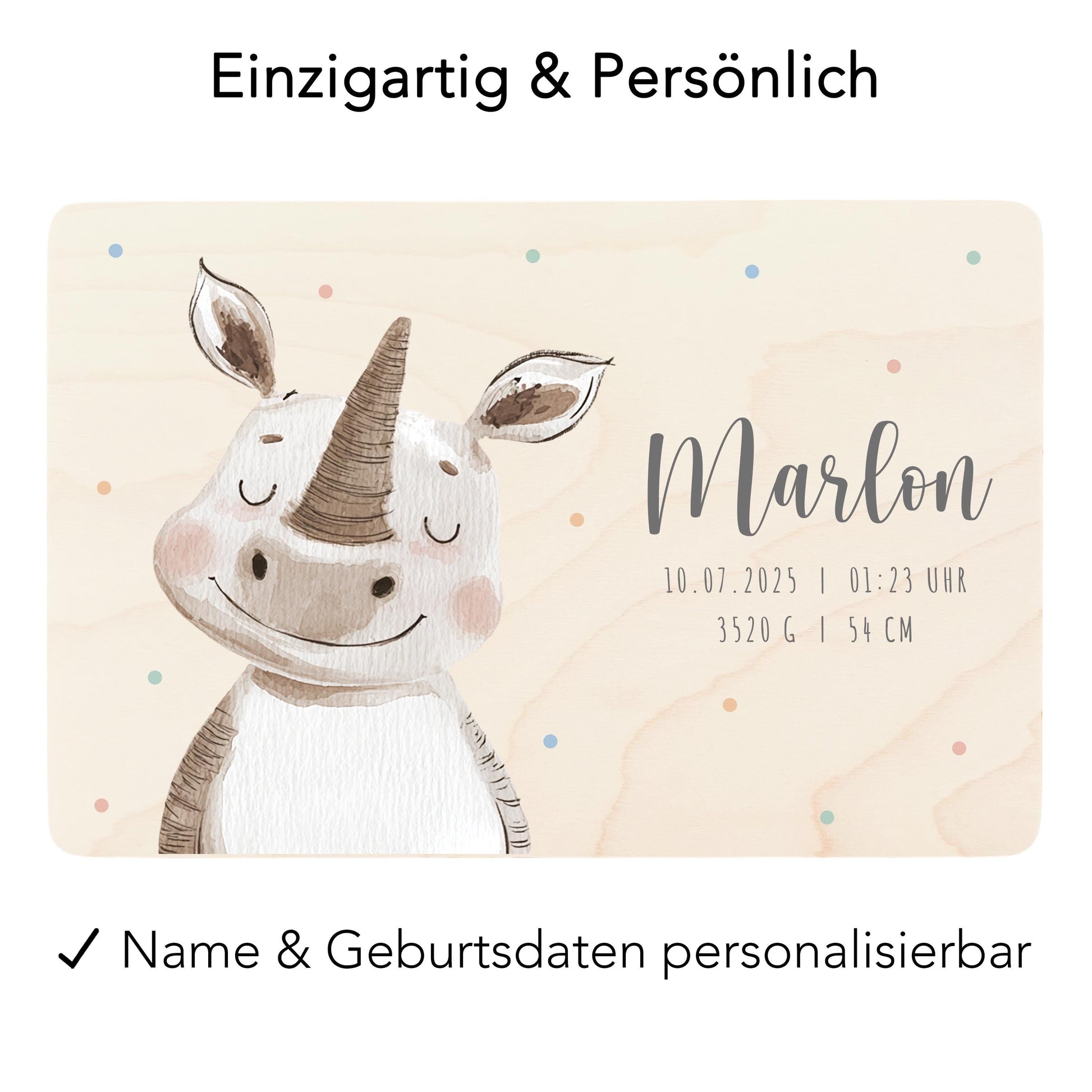 Erinnerungskiste Baby Nashorn Holzkiste personalisierte Erinnerungsbox Mädchen Junge Geschenk Geburt Geburtsgeschenk 30x20x13 cm
