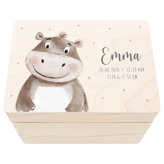 Erinnerungskiste Baby Nilpferd Holzkiste personalisierte Erinnerungsbox Mädchen Junge Geschenk Geburt Geburtsgeschenk 30x20x13 cm