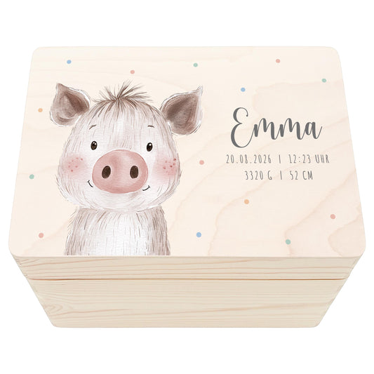 Erinnerungskiste Baby Schwein Holzkiste personalisierte Erinnerungsbox Mädchen Junge Geschenk Geburt Geburtsgeschenk 30x20x13 cm