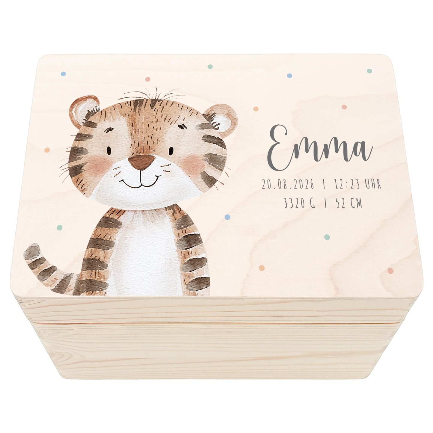 Erinnerungskiste Baby Tiger Holzkiste personalisierte Erinnerungsbox Mädchen Junge Geschenk Geburt Geburtsgeschenk 30x20x13 cm