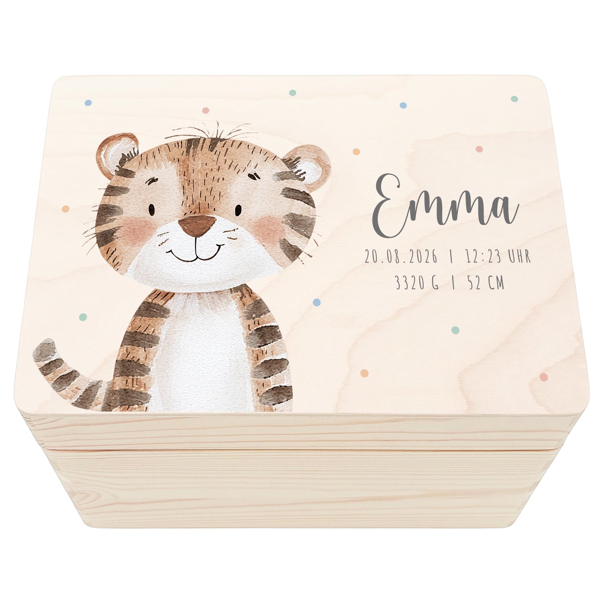 Erinnerungskiste Baby Tiger Holzkiste personalisierte Erinnerungsbox Mädchen Junge Geschenk Geburt Geburtsgeschenk 30x20x13 cm