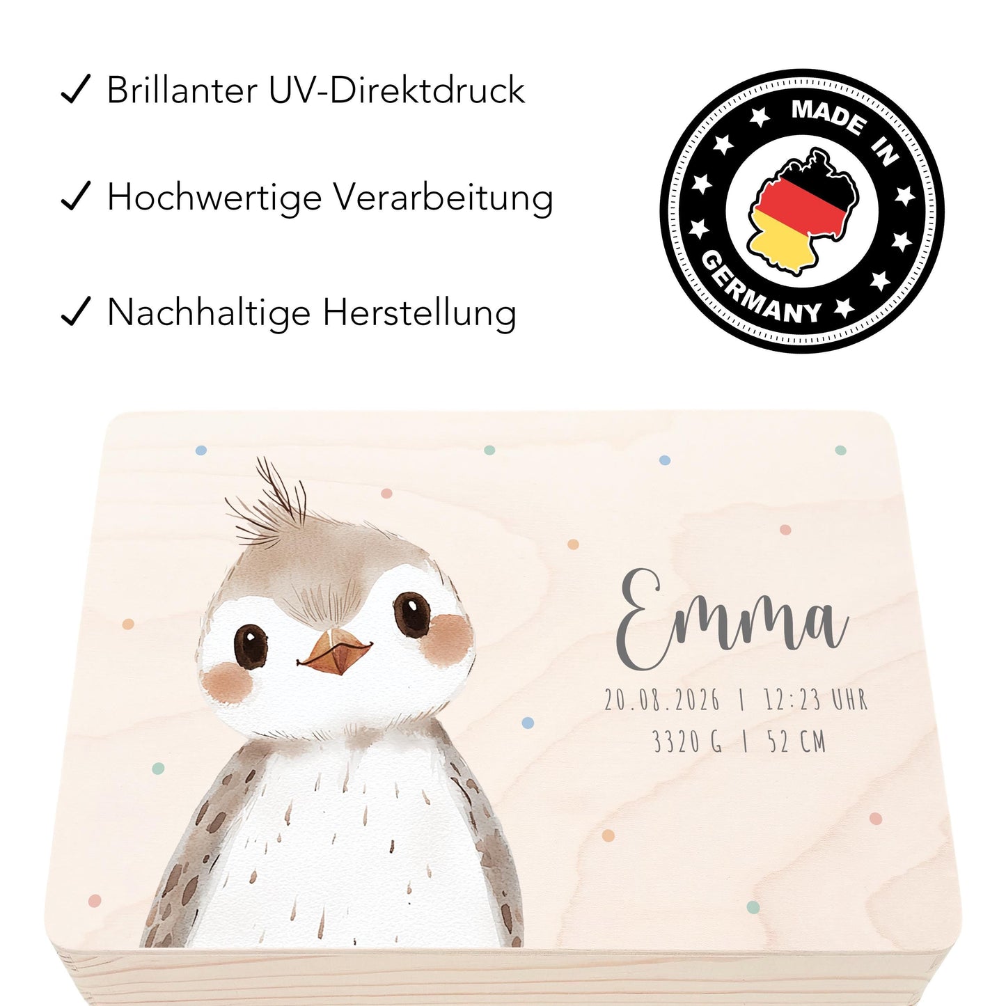 Erinnerungskiste Baby Vogel Holzkiste personalisierte Erinnerungsbox Mädchen Junge Geschenk Geburt Geburtsgeschenk 30x20x13 cm
