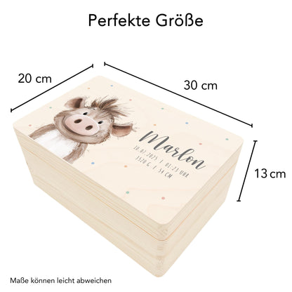 Erinnerungskiste Baby Warzenschwein Holzkiste personalisierte Erinnerungsbox Mädchen Junge Geschenk Geburt Geburtsgeschenk 30x20x13 cm