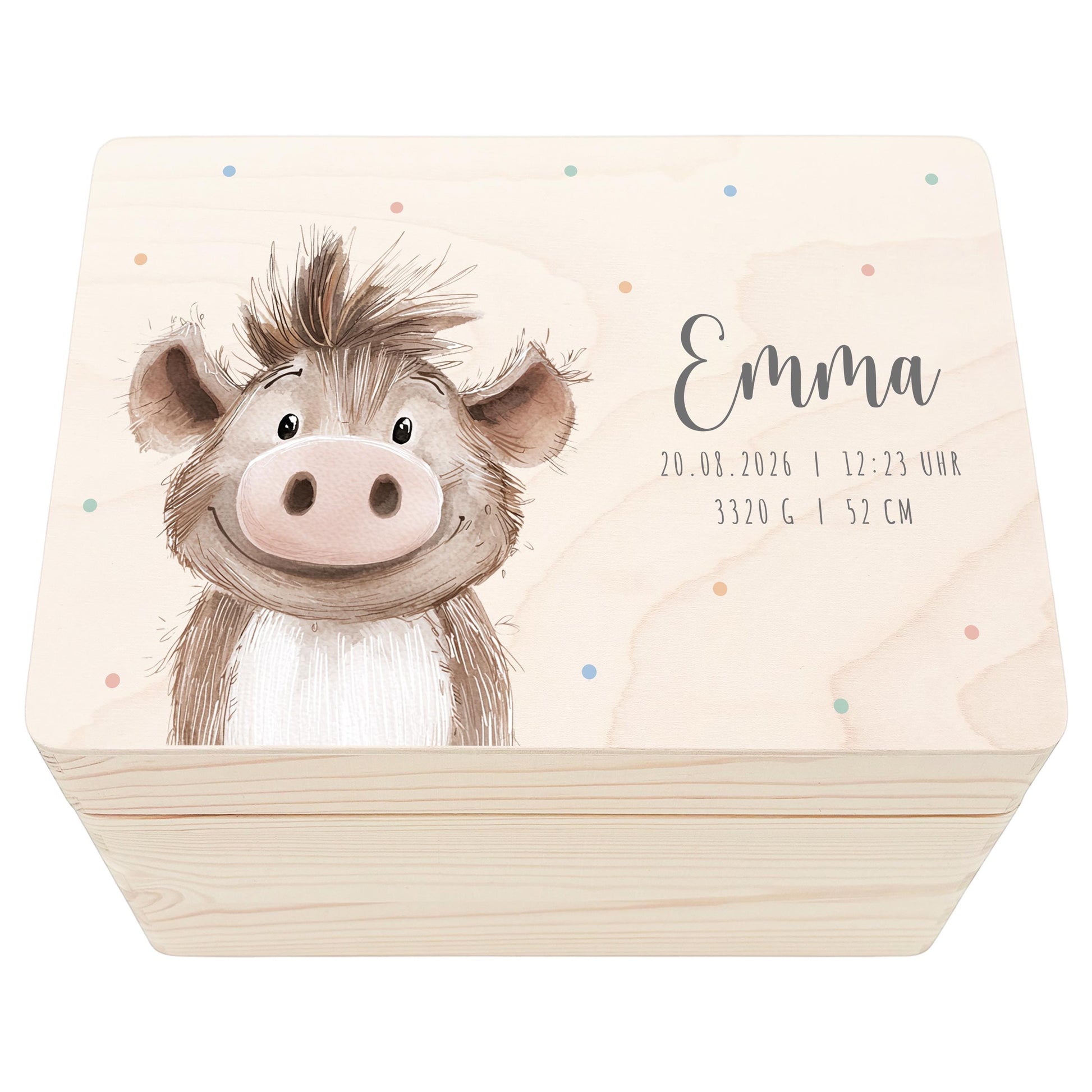 Erinnerungskiste Baby Warzenschwein Holzkiste personalisierte Erinnerungsbox Mädchen Junge Geschenk Geburt Geburtsgeschenk 30x20x13 cm