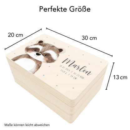 Erinnerungskiste Baby Waschbär Holzkiste personalisierte Erinnerungsbox Mädchen Junge Geschenk Geburt Geburtsgeschenk 30x20x13 cm