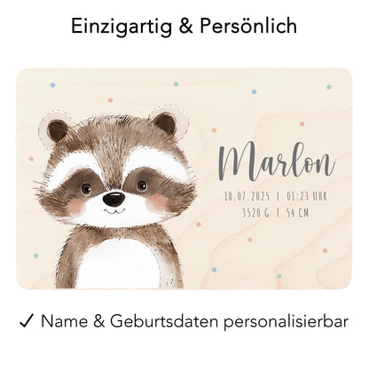 Erinnerungskiste Baby Waschbär Holzkiste personalisierte Erinnerungsbox Mädchen Junge Geschenk Geburt Geburtsgeschenk 30x20x13 cm