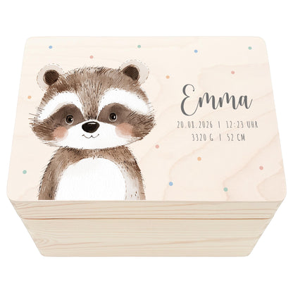 Erinnerungskiste Baby Waschbär Holzkiste personalisierte Erinnerungsbox Mädchen Junge Geschenk Geburt Geburtsgeschenk 30x20x13 cm