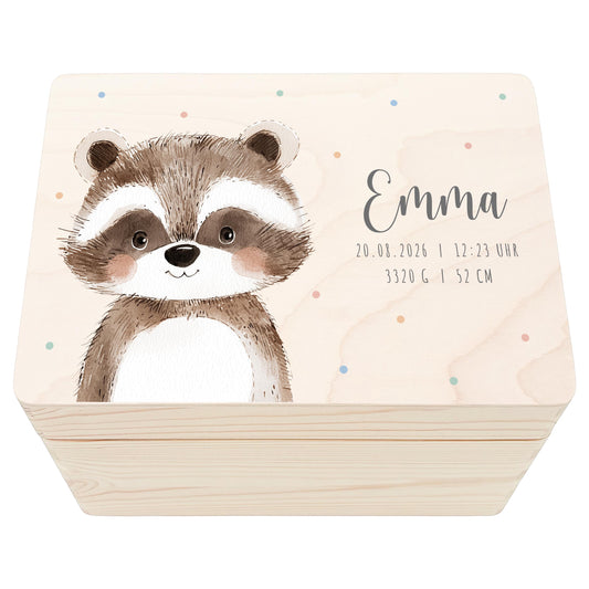 Erinnerungskiste Baby Waschbär Holzkiste personalisierte Erinnerungsbox Mädchen Junge Geschenk Geburt Geburtsgeschenk 30x20x13 cm