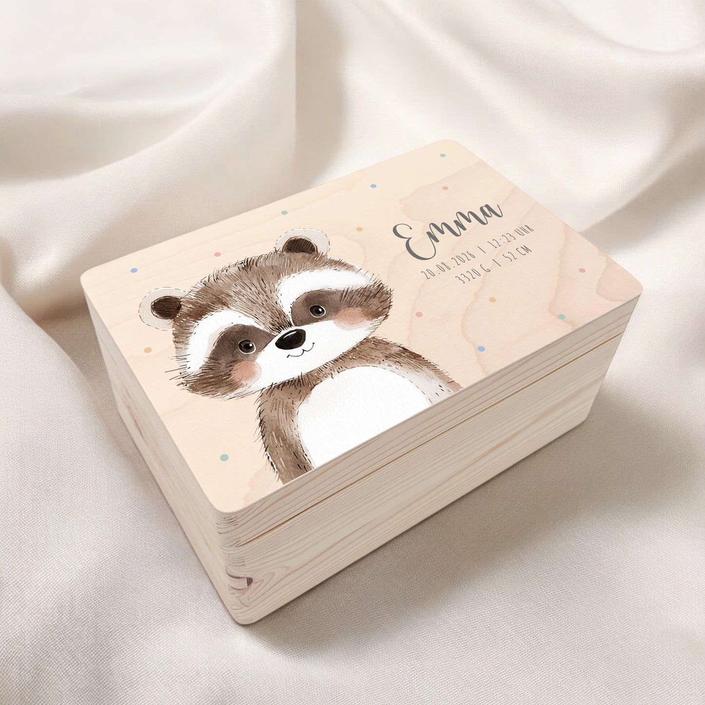 Erinnerungskiste Baby Waschbär Holzkiste personalisierte Erinnerungsbox Mädchen Junge Geschenk Geburt Geburtsgeschenk 30x20x13 cm