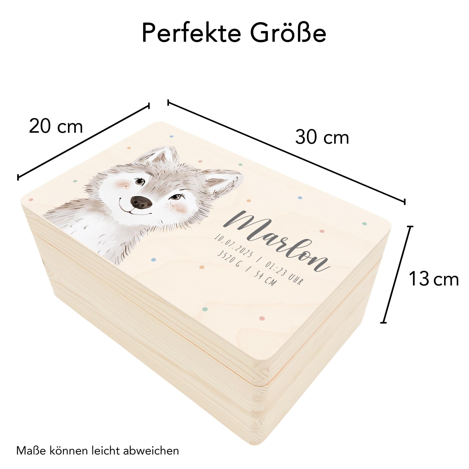 Erinnerungskiste Baby Wolf Holzkiste personalisierte Erinnerungsbox Mädchen Junge Geschenk Geburt Geburtsgeschenk 30x20x13 cm