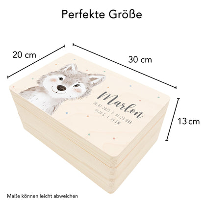 Erinnerungskiste Baby Wolf Holzkiste personalisierte Erinnerungsbox Mädchen Junge Geschenk Geburt Geburtsgeschenk 30x20x13 cm