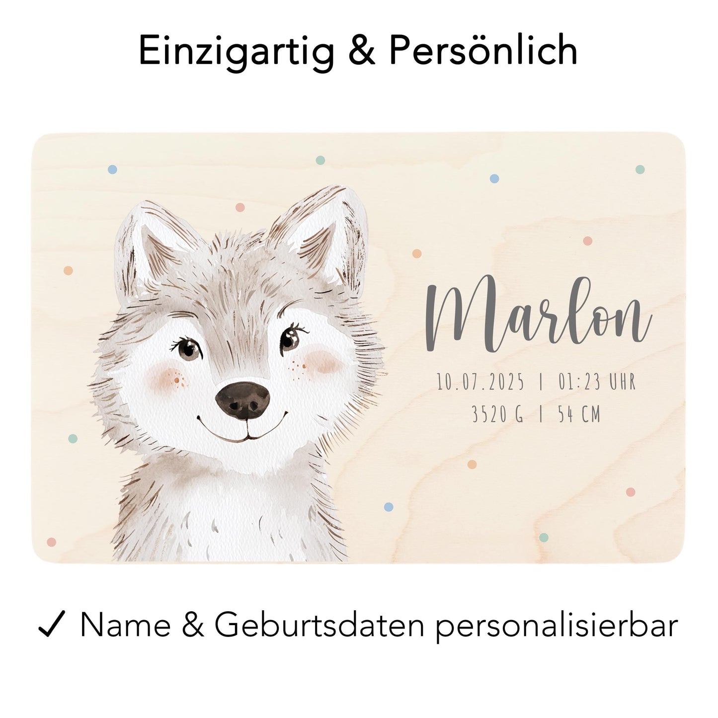 Erinnerungskiste Baby Wolf Holzkiste personalisierte Erinnerungsbox Mädchen Junge Geschenk Geburt Geburtsgeschenk 30x20x13 cm