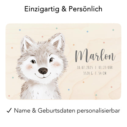 Erinnerungskiste Baby Wolf Holzkiste personalisierte Erinnerungsbox Mädchen Junge Geschenk Geburt Geburtsgeschenk 30x20x13 cm