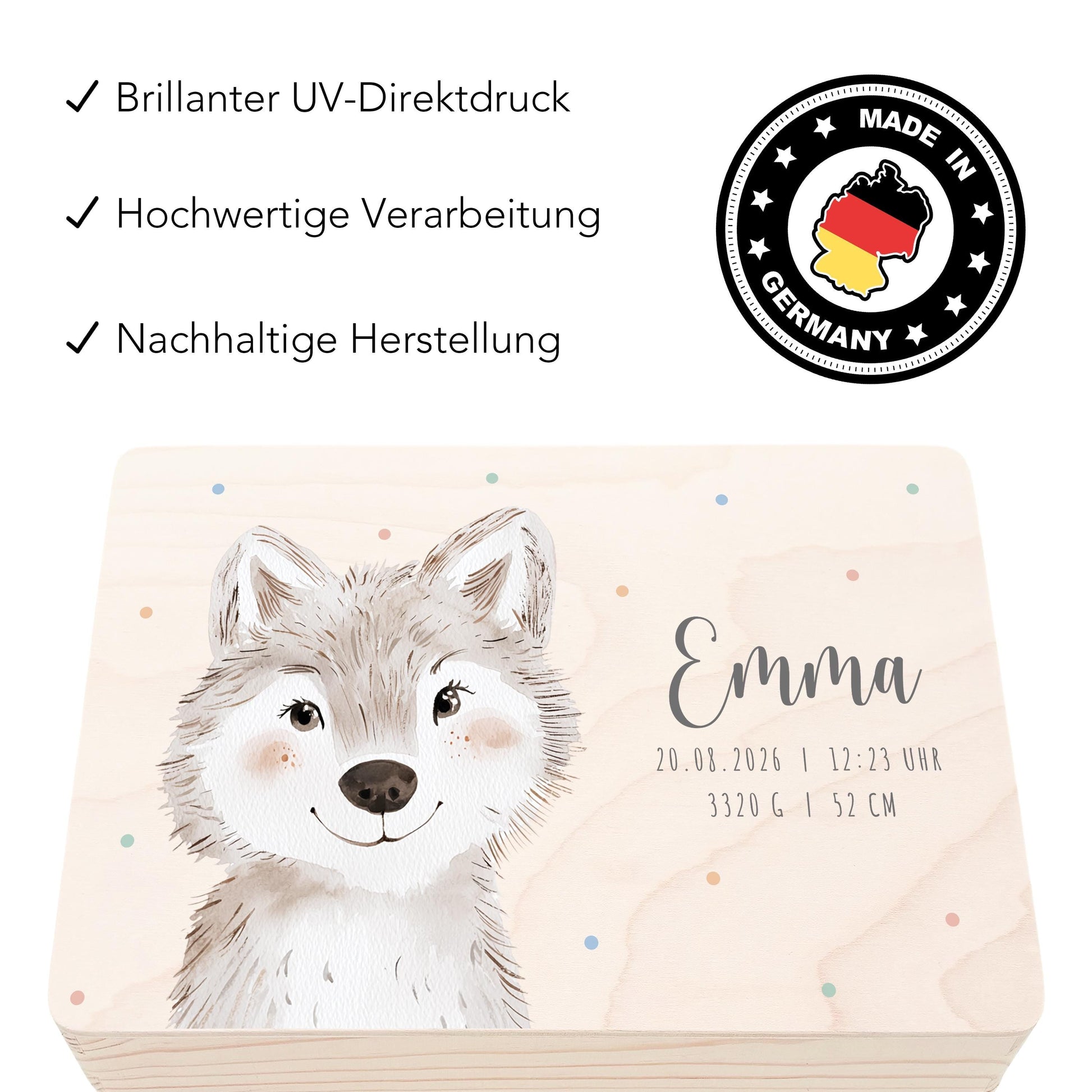 Erinnerungskiste Baby Wolf Holzkiste personalisierte Erinnerungsbox Mädchen Junge Geschenk Geburt Geburtsgeschenk 30x20x13 cm