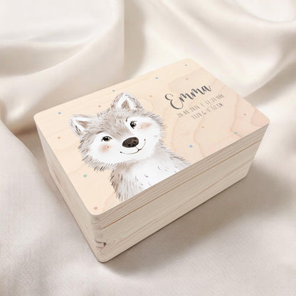 Erinnerungskiste Baby Wolf Holzkiste personalisierte Erinnerungsbox Mädchen Junge Geschenk Geburt Geburtsgeschenk 30x20x13 cm
