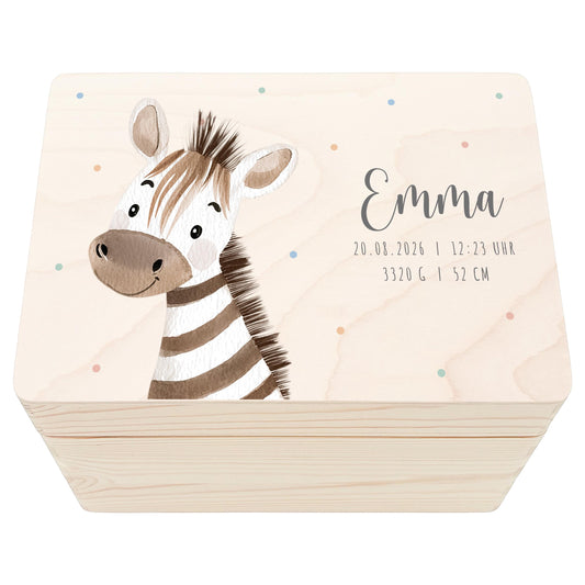 Erinnerungskiste Baby Zebra Holzkiste personalisierte Erinnerungsbox Mädchen Junge Geschenk Geburt Geburtsgeschenk 30x20x13 cm