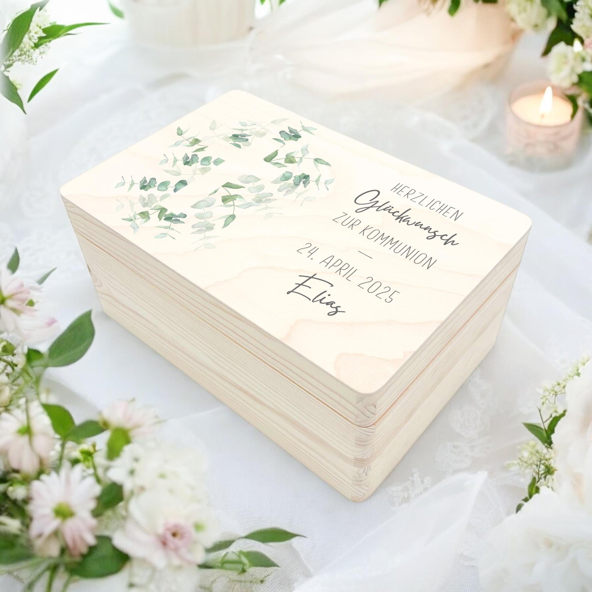 Erinnerungsbox Kommunion Erinnerungskiste Erstkommunion Mädchen Junge personalisierte Geschenk Holzkiste mit Deckel Holzbox 30x20x13 cm