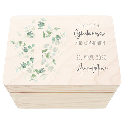 Erinnerungsbox Kommunion Erinnerungskiste Erstkommunion Mädchen Junge personalisierte Geschenk Holzkiste mit Deckel Holzbox 30x20x13 cm