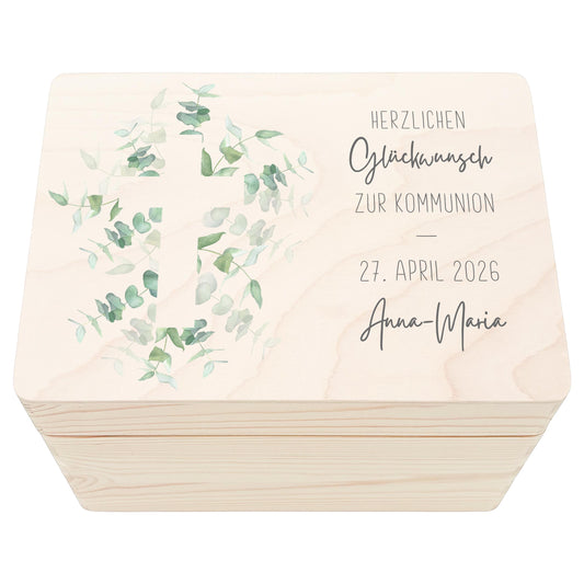 Erinnerungsbox Kommunion Erinnerungskiste Erstkommunion Mädchen Junge personalisierte Geschenk Holzkiste mit Deckel Holzbox 30x20x13 cm