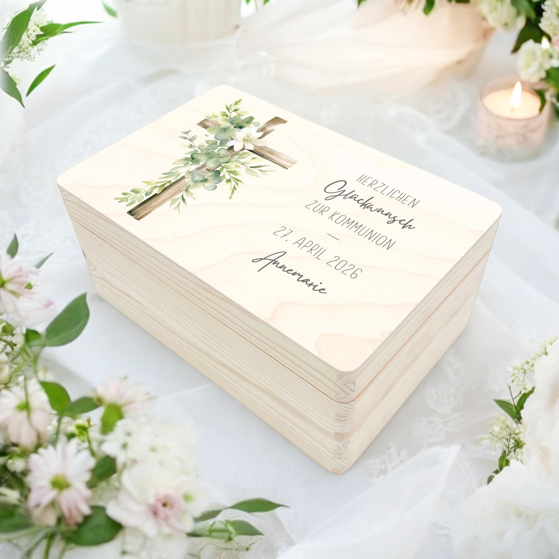 Erinnerungskiste Kommunion Erinnerungsbox Erstkommunion Mädchen Junge personalisierte Geschenk Holzkiste mit Deckel Holzbox 30x20x13 cm