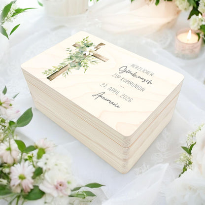 Erinnerungskiste Kommunion Erinnerungsbox Erstkommunion Mädchen Junge personalisierte Geschenk Holzkiste mit Deckel Holzbox 30x20x13 cm