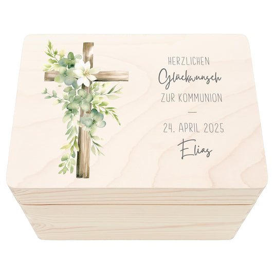 Erinnerungskiste Kommunion Erinnerungsbox Erstkommunion Mädchen Junge personalisierte Geschenk Holzkiste mit Deckel Holzbox 30x20x13 cm