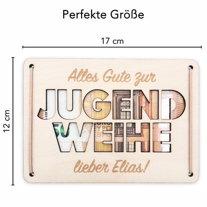 Jugendweihe Geschenk personalisiert Geldgeschenk Verpackung Geld Geschenk Junge Mädchen Geschenkkarte aus Holz 12x17 cm