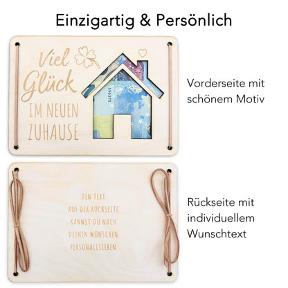 Einweihungsgeschenk Haus Wohnung Geldgeschenk personalisierte Geld Verpackung Einzug Einzugsgeschenk aus Holz 12x17 cm