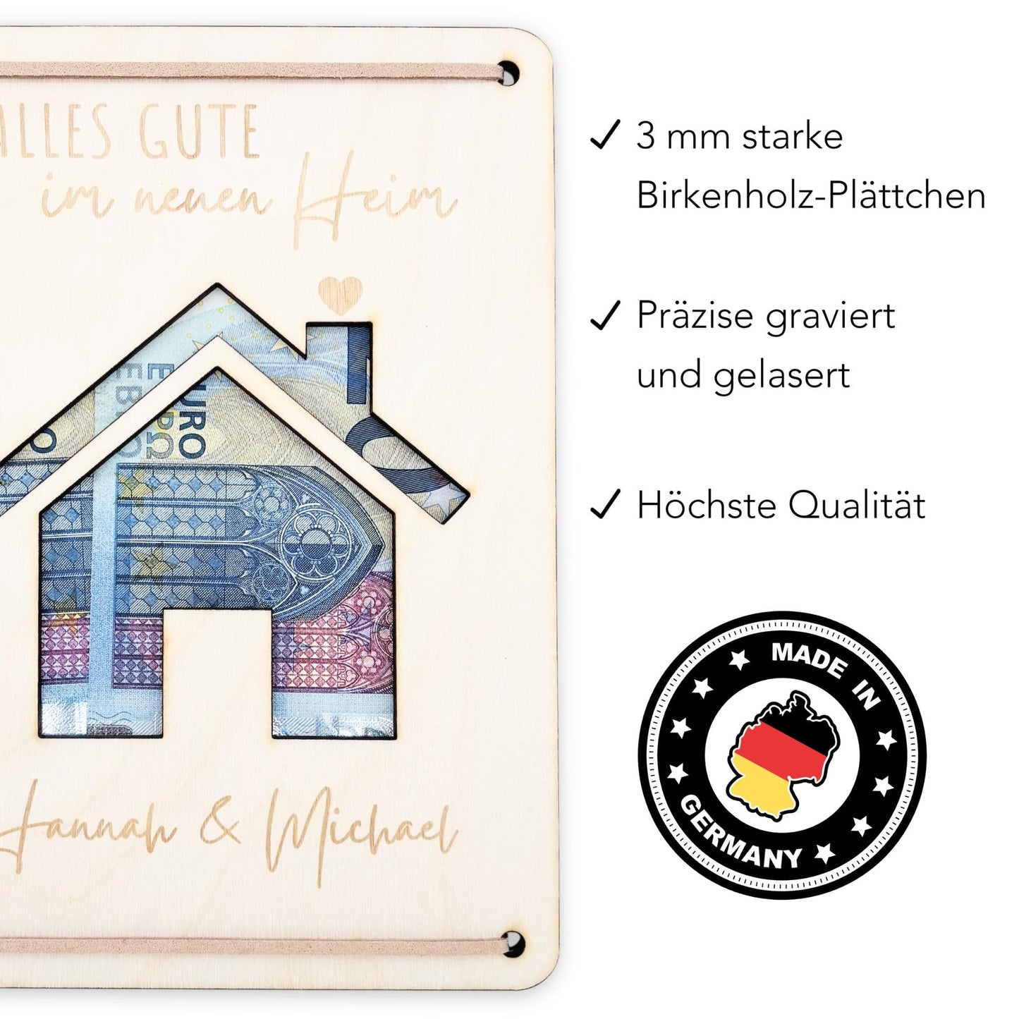 Geschenk Einzug Geldgeschenk personalisiertes Einweihungsgeschenk Haus Wohnung Geld Verpackung Einzugsgeschenk aus Holz 12x17 cm