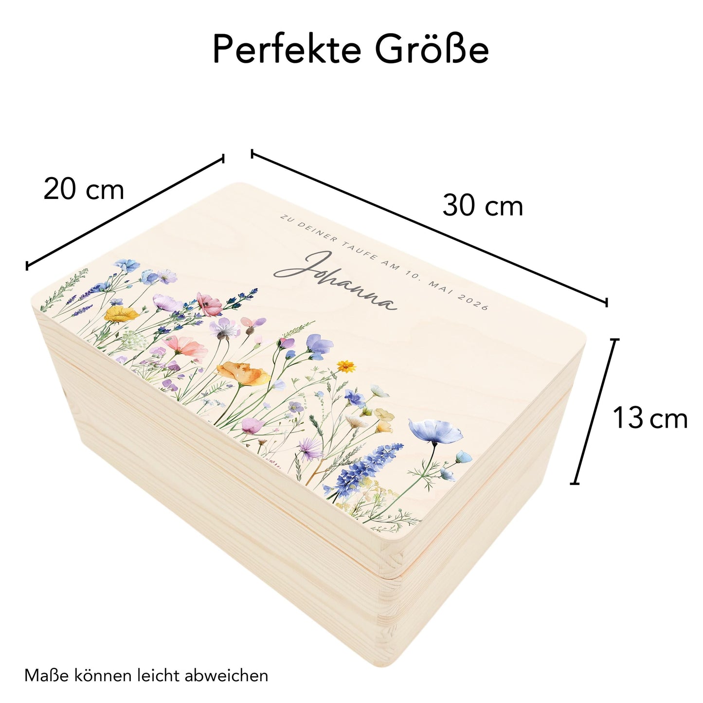 Taufgeschenk Mädchen Taufe Geschenk personalisierte Erinnerungskiste Wildblumen Taufbox Holzkiste mit Deckel Holzbox 30x20x13 cm