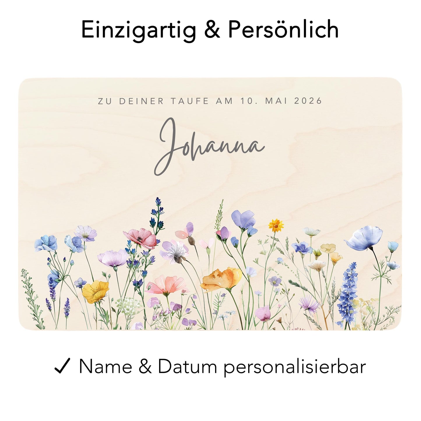 Taufgeschenk Mädchen Taufe Geschenk personalisierte Erinnerungskiste Wildblumen Taufbox Holzkiste mit Deckel Holzbox 30x20x13 cm