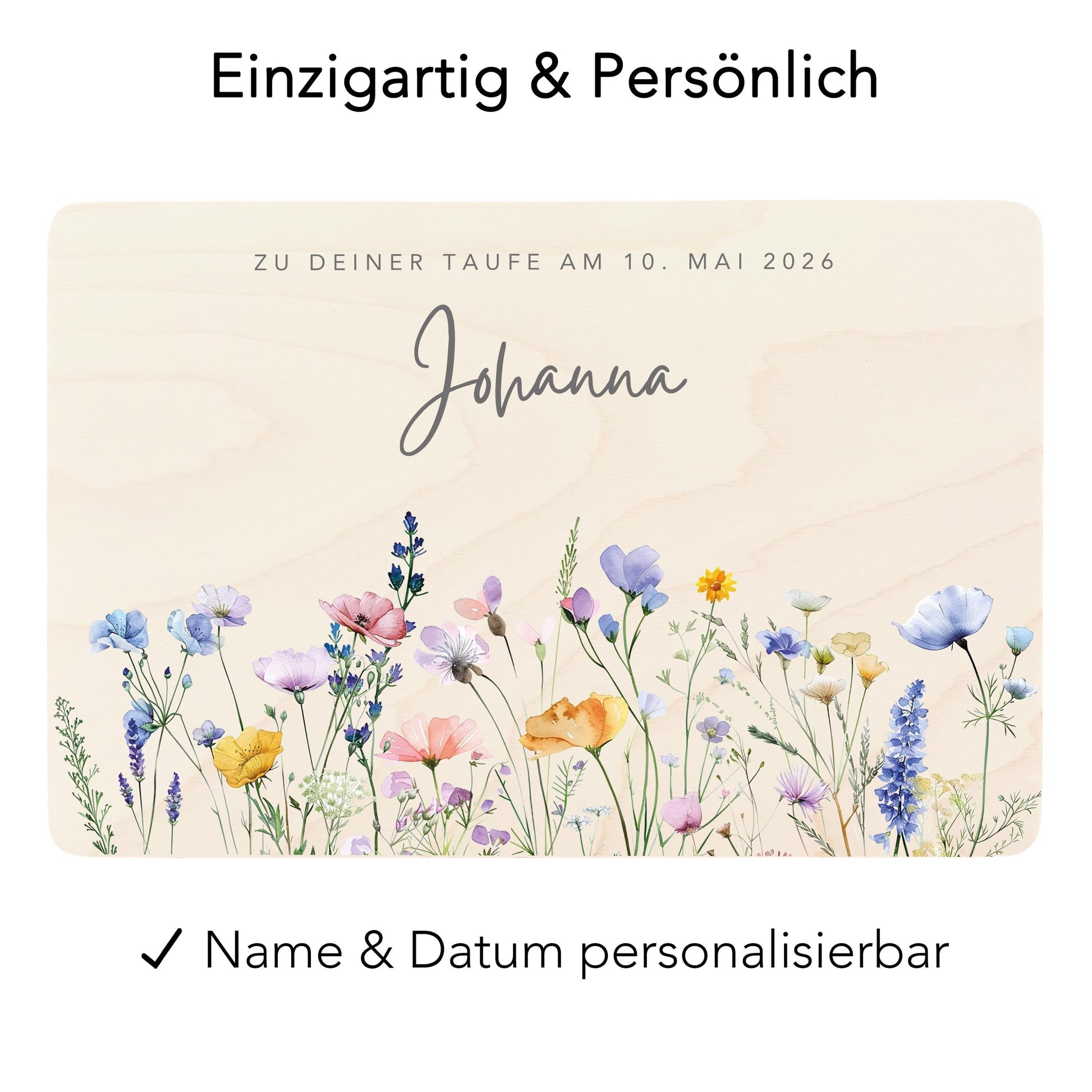 Taufgeschenk Mädchen Taufe Geschenk personalisierte Erinnerungskiste Wildblumen Taufbox Holzkiste mit Deckel Holzbox 30x20x13 cm