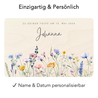 Taufgeschenk Mädchen Taufe Geschenk personalisierte Erinnerungskiste Wildblumen Taufbox Holzkiste mit Deckel Holzbox 30x20x13 cm