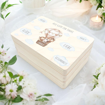 Erinnerungskiste Taufe Geschenk personalisiertes Taufgeschenk Junge Mädchen Heißluftballon Taufbox Holzkiste mit Deckel Holzbox 30x20x13 cm