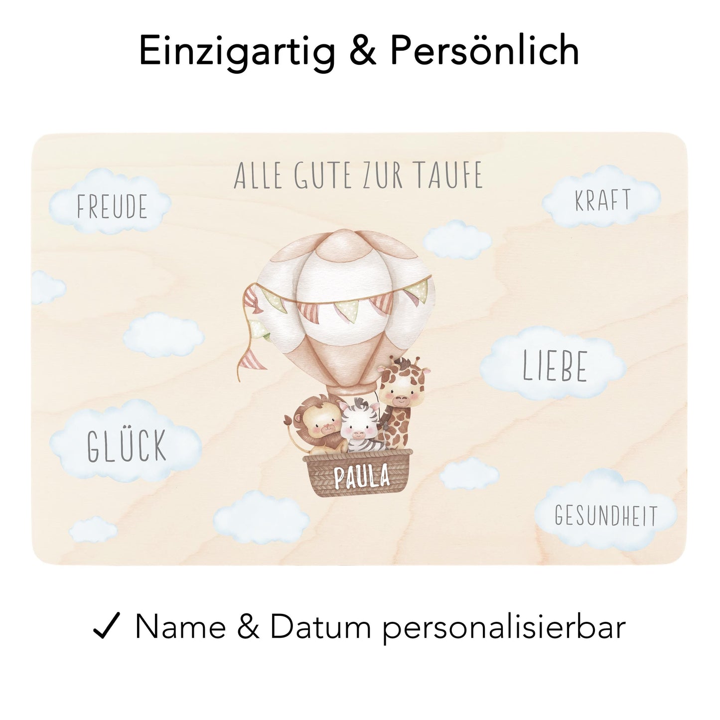 Erinnerungskiste Taufe Geschenk personalisiertes Taufgeschenk Junge Mädchen Heißluftballon Taufbox Holzkiste mit Deckel Holzbox 30x20x13 cm