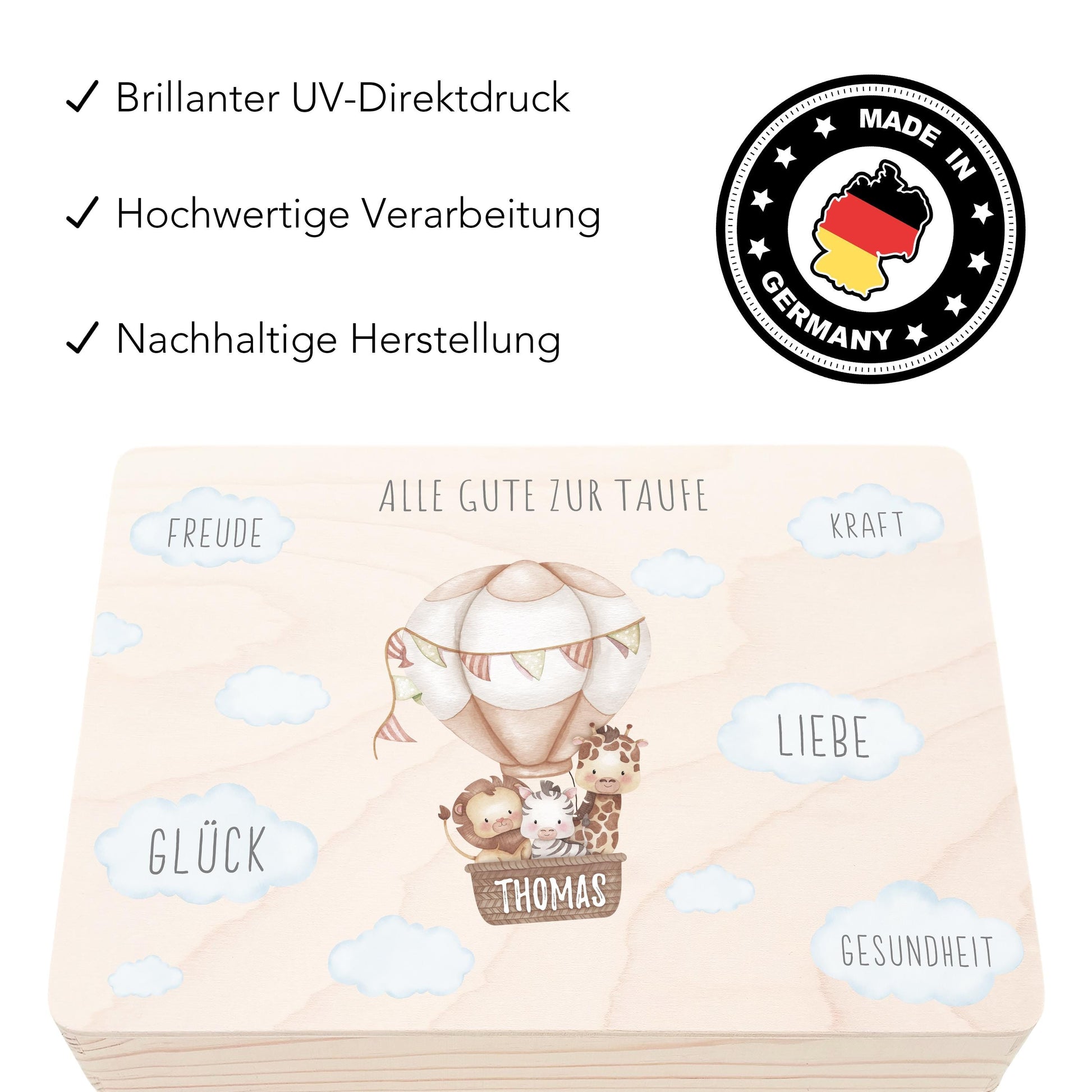 Erinnerungskiste Taufe Geschenk personalisiertes Taufgeschenk Junge Mädchen Heißluftballon Taufbox Holzkiste mit Deckel Holzbox 30x20x13 cm