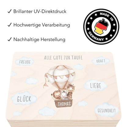 Erinnerungskiste Taufe Geschenk personalisiertes Taufgeschenk Junge Mädchen Heißluftballon Taufbox Holzkiste mit Deckel Holzbox 30x20x13 cm