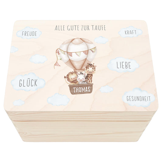 Erinnerungskiste Taufe Geschenk personalisiertes Taufgeschenk Junge Mädchen Heißluftballon Taufbox Holzkiste mit Deckel Holzbox 30x20x13 cm
